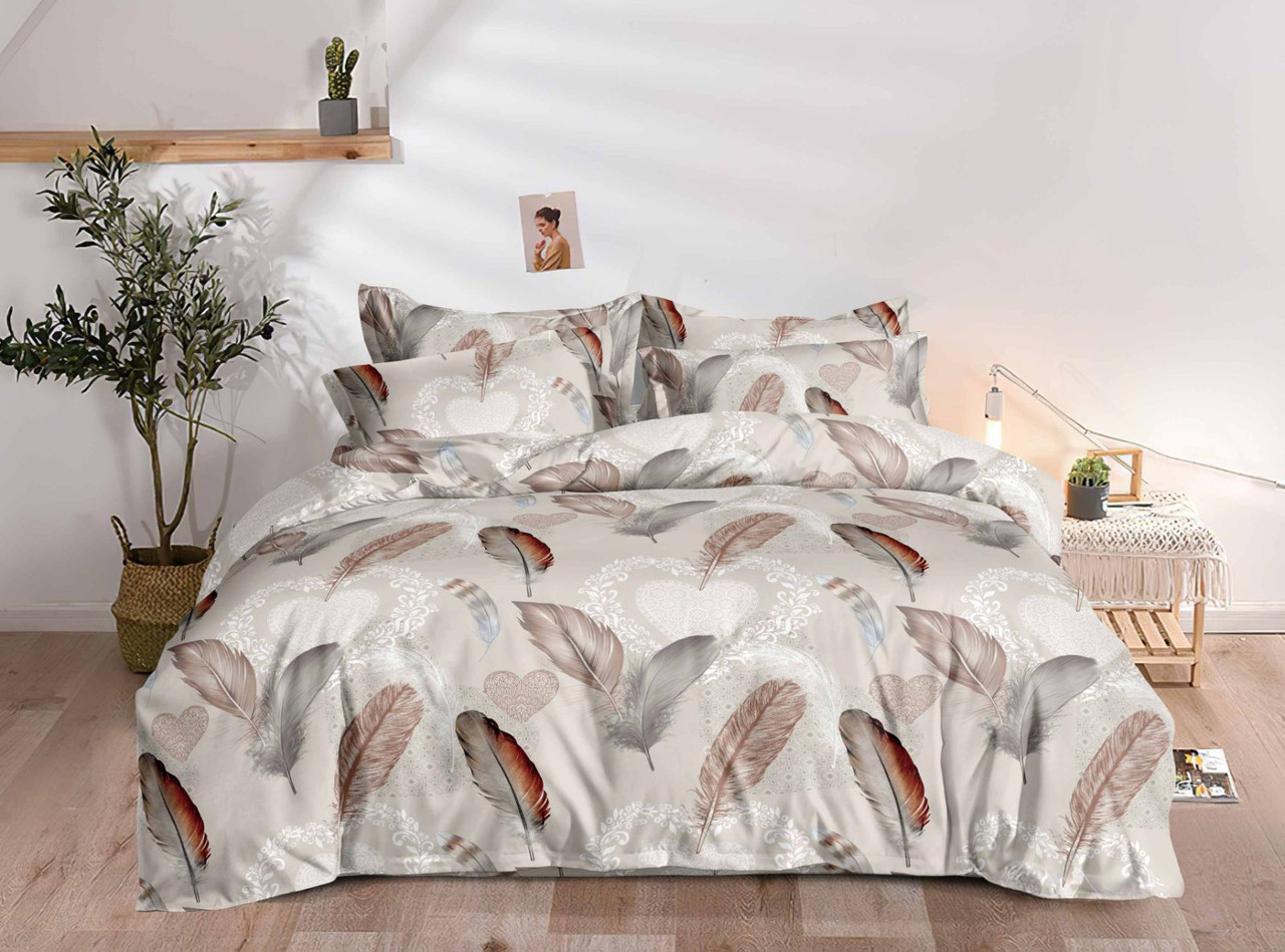 Постільна білизна Королева Ночі (Фланель) | Полуторний комплект | 50х70 | Пір'я та серця на бежевому, фото 1