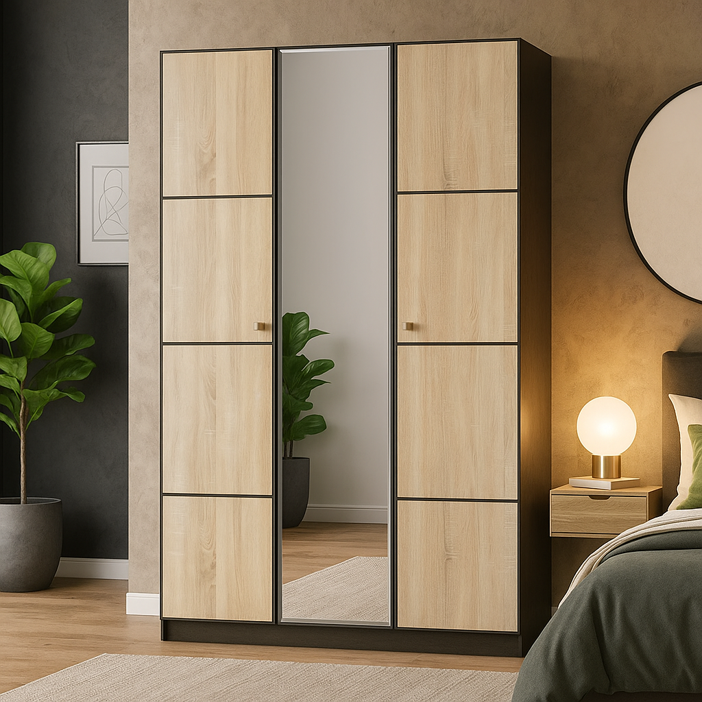 Розпашна тридверна шафа з дзеркалом для одягу зі штангою та полицями в спальню Фантазія Мебель Сервіс