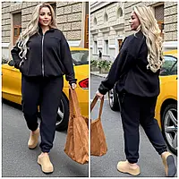 Женский теплый флисовый спортивный костюм больших размеров , кофта на молнии и штаны с манжетом р-50-64 черный, костюм с флиса