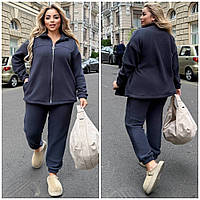 Теплый женский флисовый спортивный костюм больших размеров , кофта на молнии и штаны с манжетом р-50-64 графит
