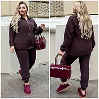 Флисовый спортивный теплый женский костюм большого размера , кофта на молнии и штаны с манжетом р-50-64 коричневый, костюм с флиса