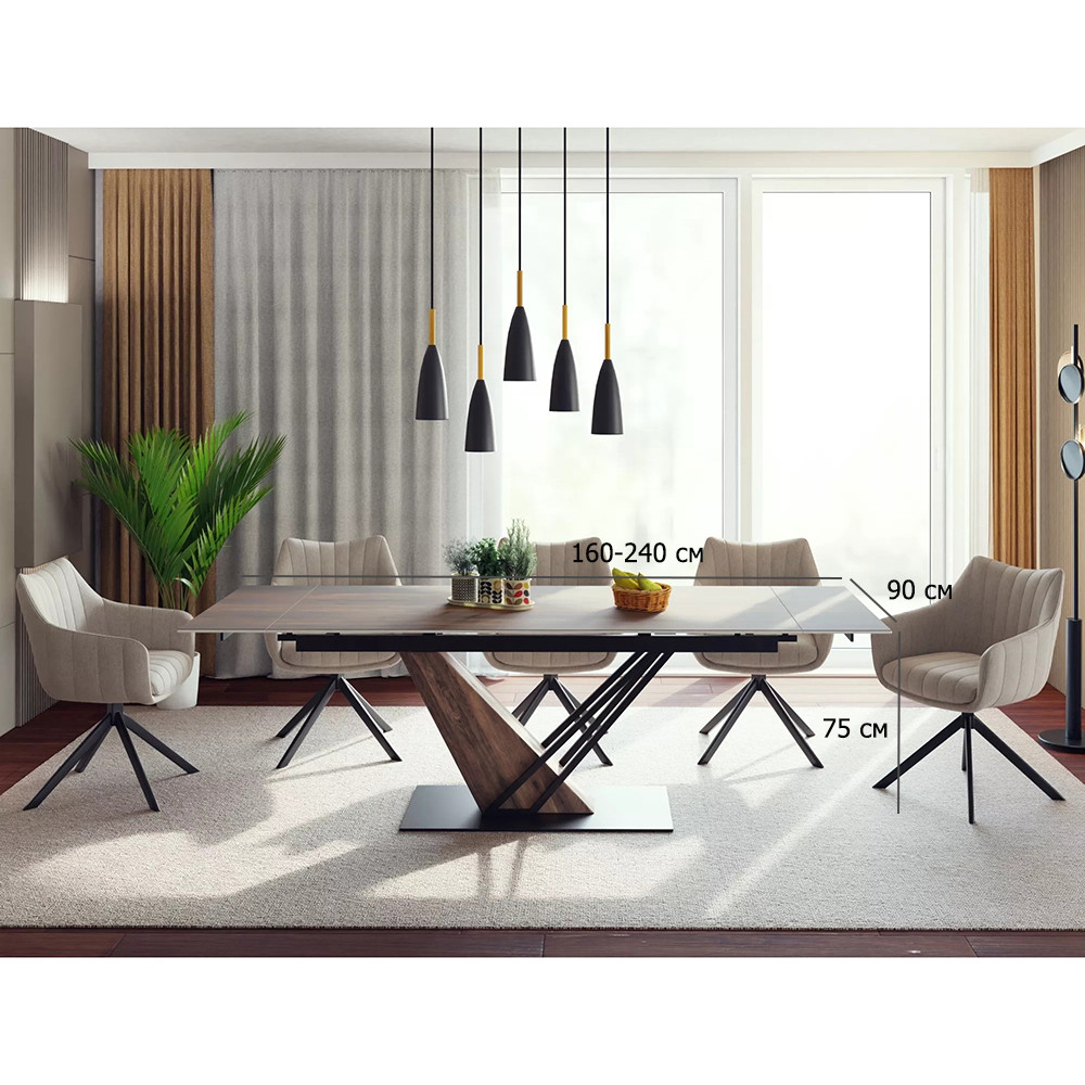 Стіл та стільці у вітальню Genesis Legno 160-240х90 см кераміка з ефектом дерева з 5 поворотними стільцями, фото 1