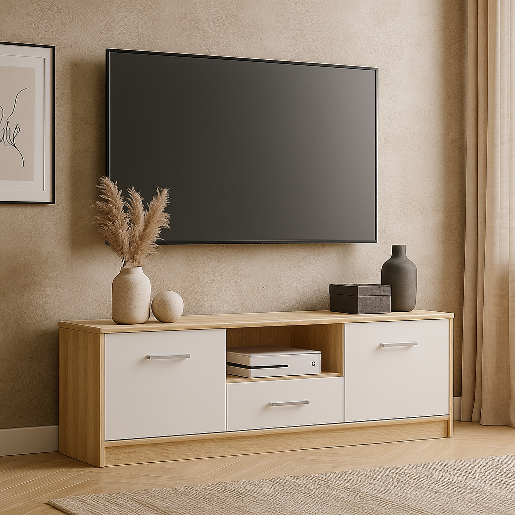 Сучасна низька вузька тумба під телевізор 2Д1Ш у спальню, вітальню дуб сонома білий Тіпс Мебель Сервіс, фото 1