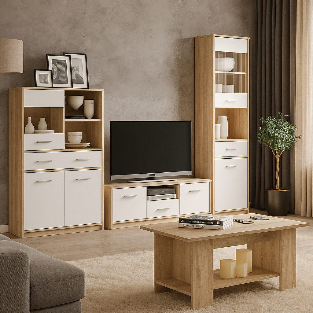 Світла вузька модульна гірка стінка під телевізор у вітальню в сучасному стилі Тіпс Мебель Сервіс