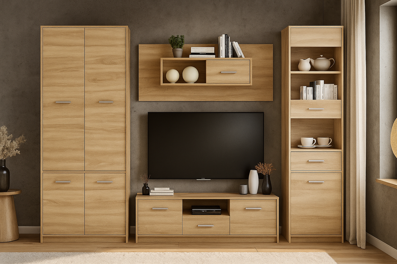 Сучасна модульна ТВ стінка під телевізор у вітальню, зал у кольорі дуб сонома Тіпс 257 см Мебель Сервіс, фото 1