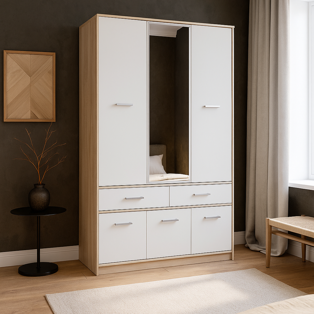 Сучасна розпашна тридверна шафа 6Д2Ш з дзеркалом для одягу в спальню Тіпс Мебель Сервіс