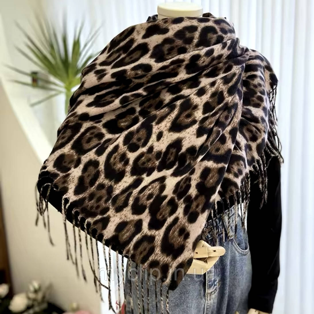 Леопардовий шарф палантин із натурального кашеміру. Двустороння зимова шаль, фото 1