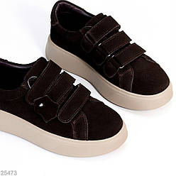 Універсальні замшеві кеди на липучках колір шоколад на потовщеній підошві 41