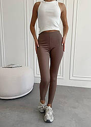 Однотонні жіночі обтягуючі стрейчові лосини зі штрипками в рубчик із завищеною посадкою Колір Мокко