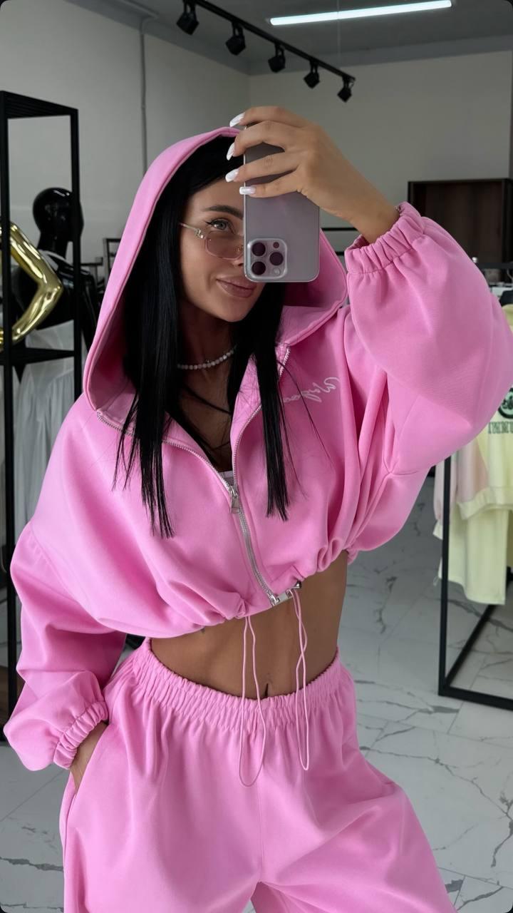 Рожевий стильний жіночий костюм-двійка оверсайз з двонитки: Широкі Штани з високою посадкою і Худі на блискавці, фото 1