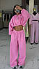 Рожевий стильний жіночий костюм-двійка оверсайз з двонитки: Широкі Штани з високою посадкою і Худі на блискавці, фото 3