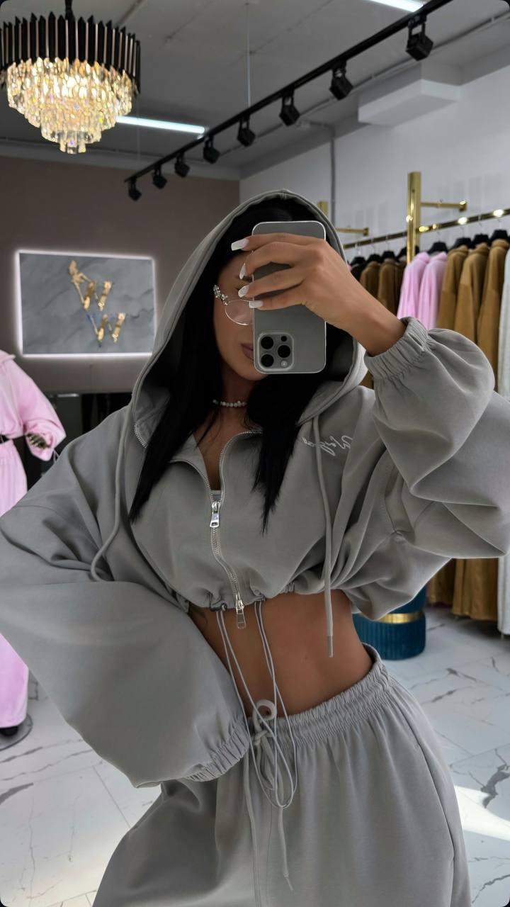 Сірий стильний жіночий костюм-двійка оверсайз з двонитки: Широкі Штани з високою посадкою і Худі на блискавці, фото 1