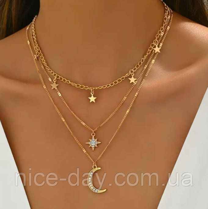 Жіночий кулон з місяцем та зірками золотого відтінку стильна підвіска нічне небо / Підвіска Місяць зірки, фото 1
