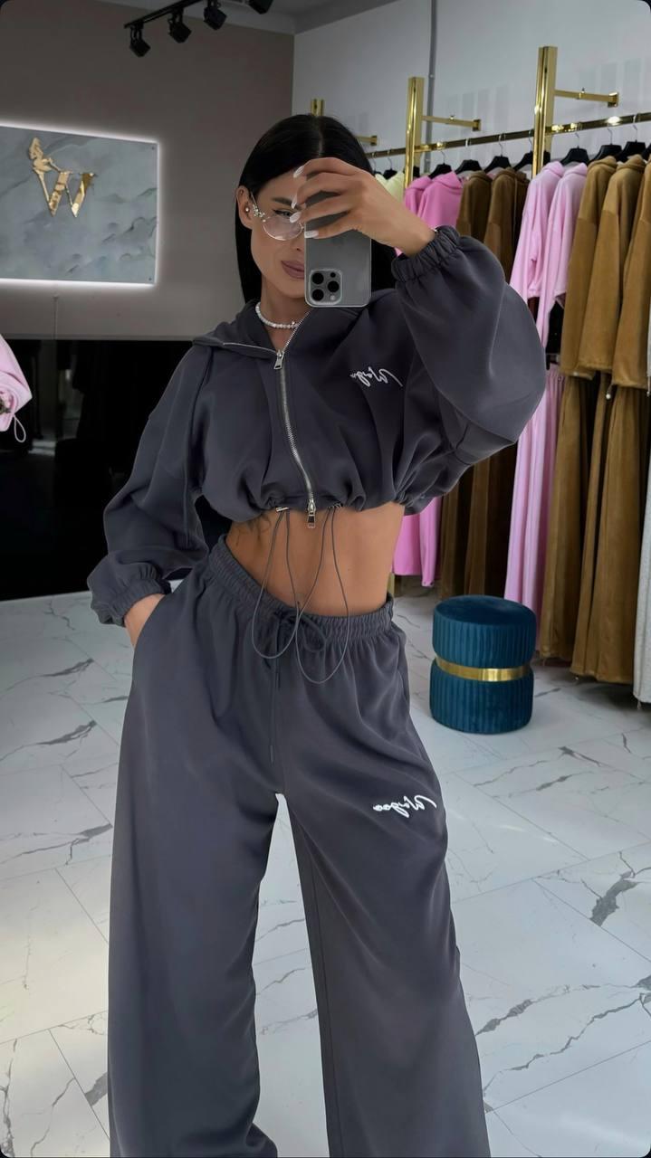 Графітовий стильний жіночий костюм-двійка оверсайз з двонитки: Широкі Штани з високою посадкою і Худі на блискавці, фото 1