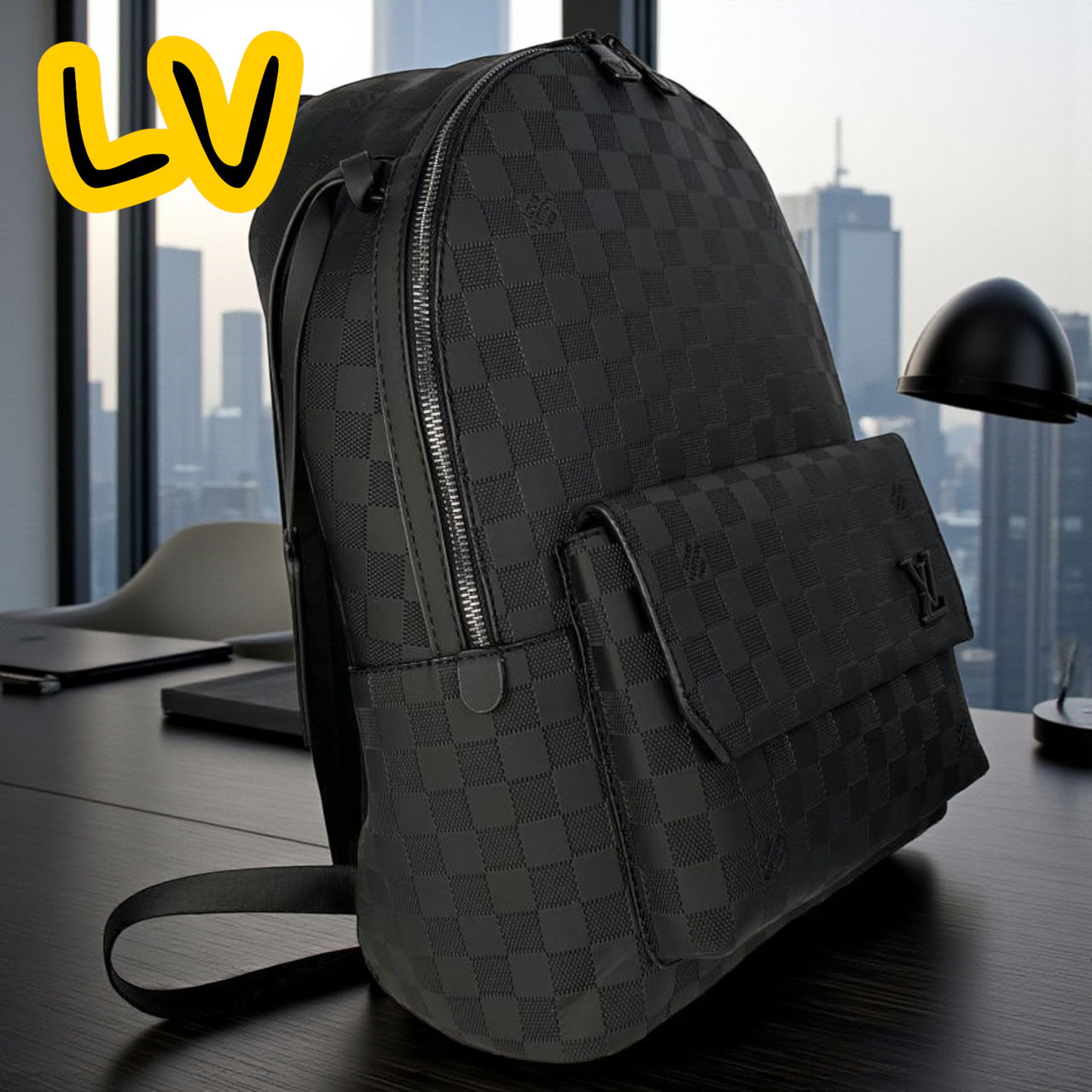 Молодіжний шкіряний рюкзак Louis Vuitton чоловічий для ноутбука практичний чорний луї вітон в шахматку, фото 1
