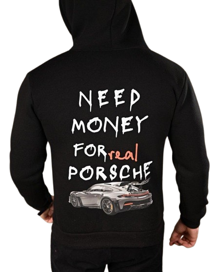 Чоловічий чорний худі на флісі з принтом NEED MONEY FOR real PORSCHE (турецька трьохнитка), фото 1