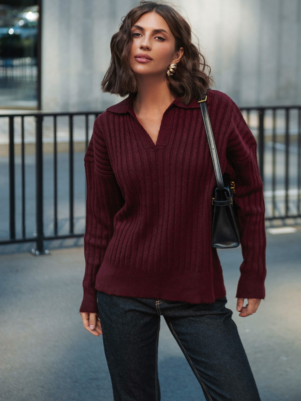 Светр поло жіночий в'язаний теплий в рубчик бордовий 902208/4, фото 1