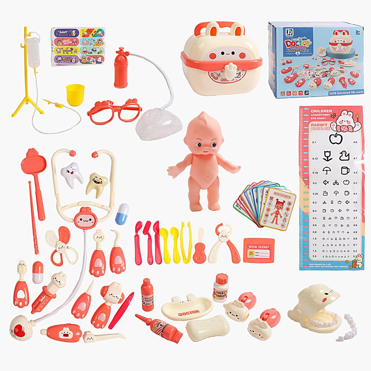 Набір лікаря 768 L (36/2) пупсик, стетоскоп, звук серцебиття, підсвічування, термометр, ліхтарик, молоточок, медичне приладдя,