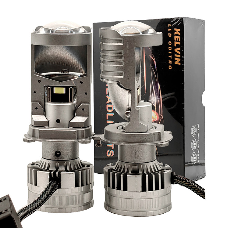 Міні Лед лінзи H4 KELVIN 60W 12V 6000K 8000Lm Світлодіодні лампи з лінзою, фото 1