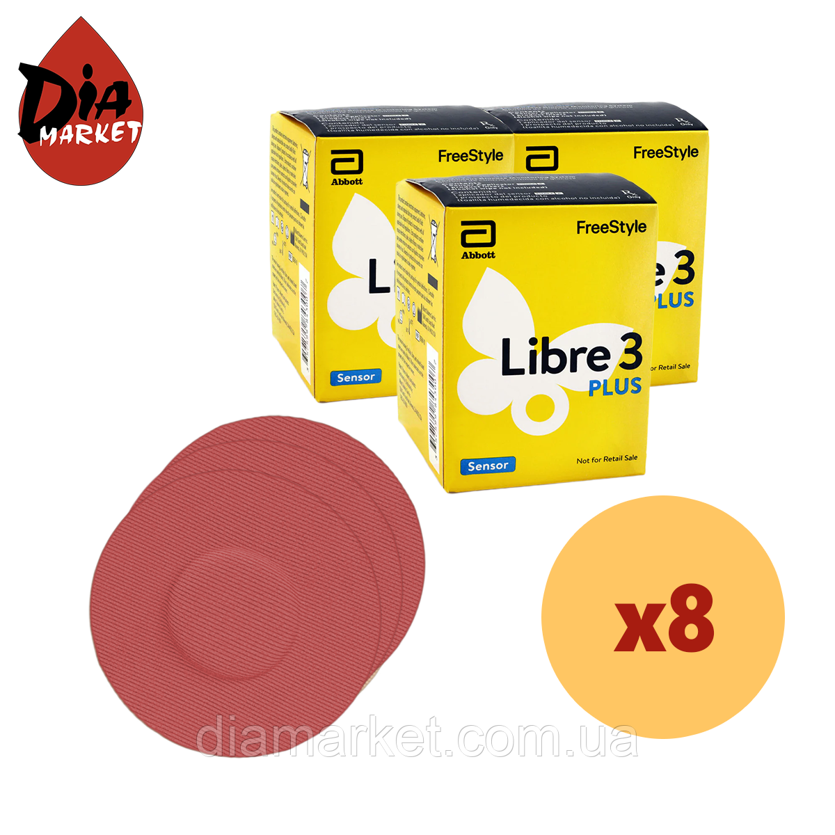 Сенсор FreeStyle Libre 3 Plus (Фристайл Лібре 3 Плюс) 8 уп. і 8 кольорових тейпів у комплекті, фото 1