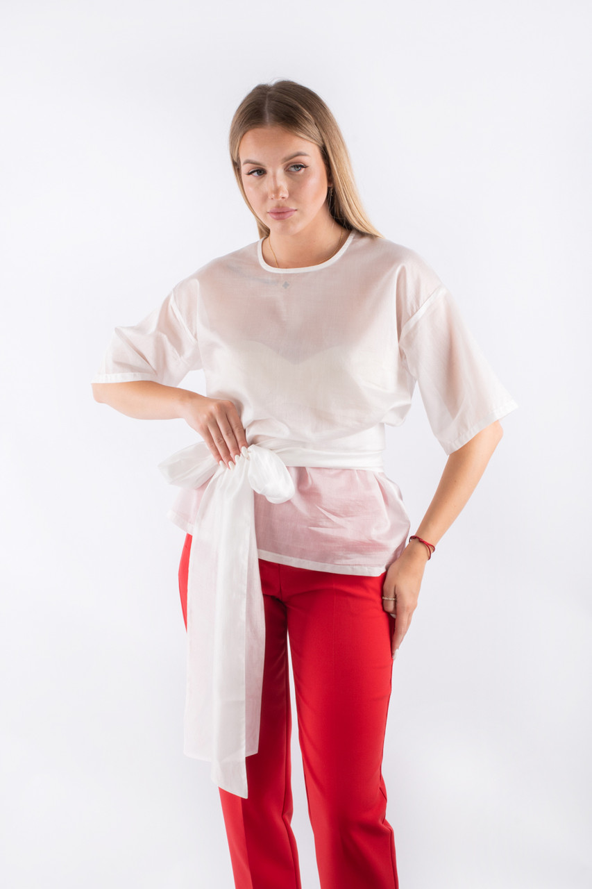 Блуза напівпрозора з поясом біла 10007 (2000000153995), фото 1