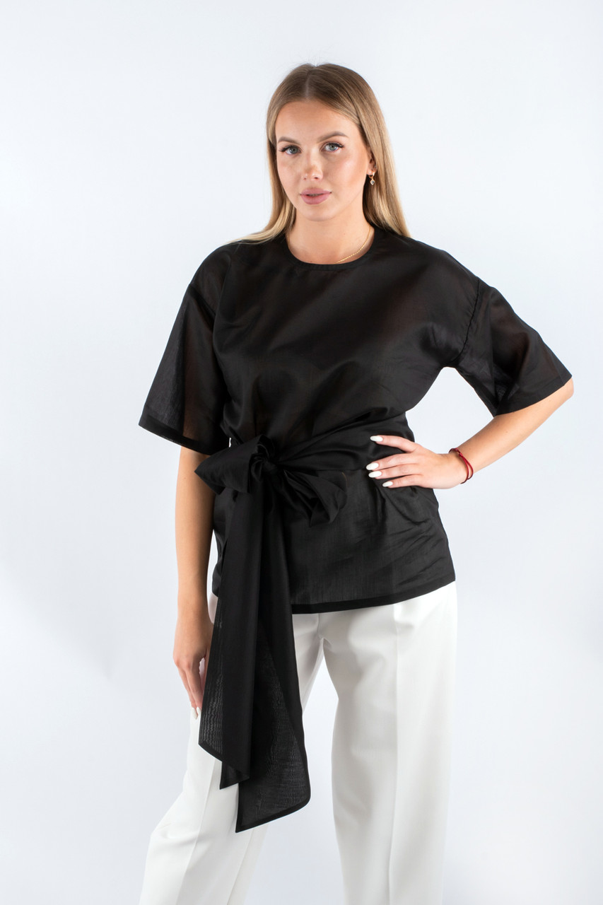 Блуза напівпрозора з поясом чорна 10007 (2000000153988), фото 1