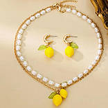 Набір прикрас з перлинами та лимонами: намисто з перлинами і лимоном, підвіска лимон на ланцюжку, сережки з лимонами, фото 2