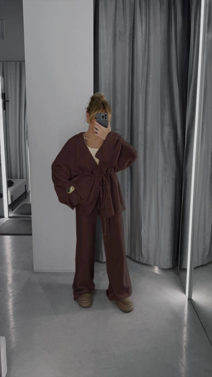 Подовжений кардіган та палаццо високої посадки з якісної мʼякої турецької ангори Модель: 824-1665 Колір Шоколад, фото 1