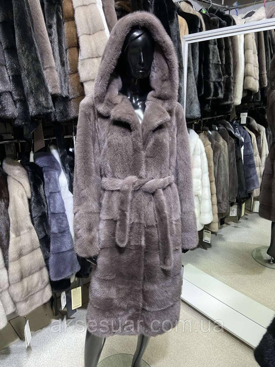 Шуба з натурального хутра норки, довжина 110 см. Колір Мокко з капюшоном, фото 1