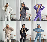 Кавовий теплий домашній жіночий костюм-піжама з двосторонньої махри з капюшоном і вушками, фото 8