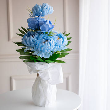 Букет композиція з штучних хризантем і троянд синій | В-60 см |9 гілок| виробник-Польща