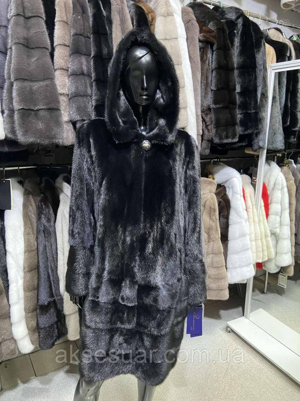 Шуба з натурального хутра норки, довжина 100 см. Колір чорний з капюшоном, фото 1