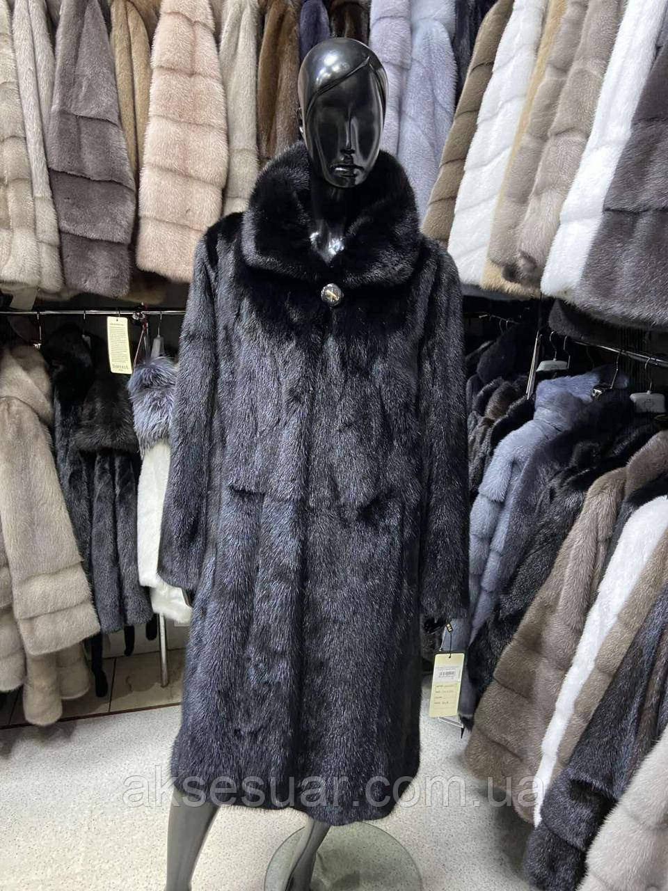 Шуба з натурального цільного хутра норки, довжина 110 см. Колір чорний з капюшоном, фото 1