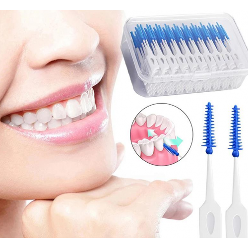 Набір зубочисток силіконових 200 штук зубні йоржики інструмент для гігієни порожнини рота у футлярі синій, фото 1