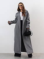 Серое демисезонное кашемировое длинное пальто в елочку на запах