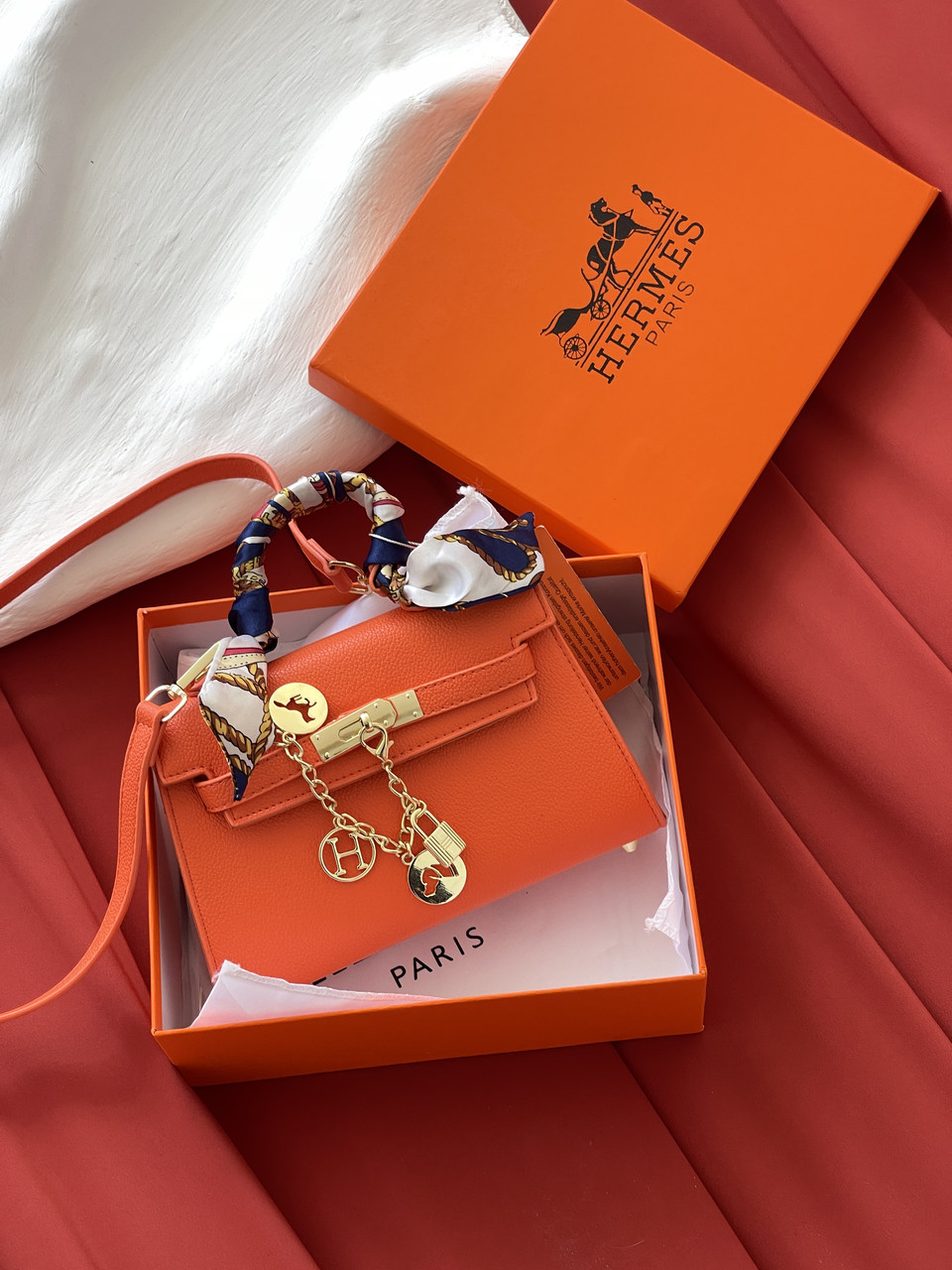 Сумка жіноча Hermes Kelly mini жовтогарячий з хусткою крос боді Хермес, фото 1