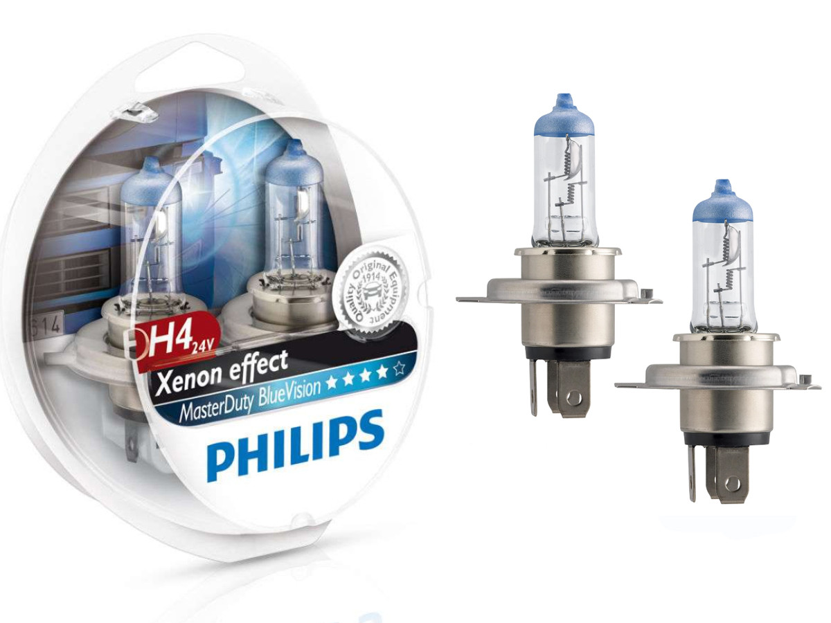 Комплект галогенових ламп PHILIPS 13342MDBVS2 H4 75/70W 24V P43t MasterDuty BlueVision, фото 1