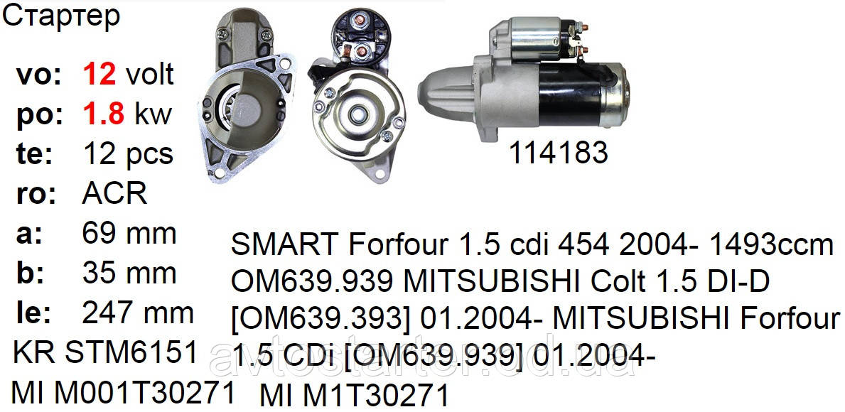 Стартер б/у MITSUBISHI Colt SMART Forfour 1.5 cdi