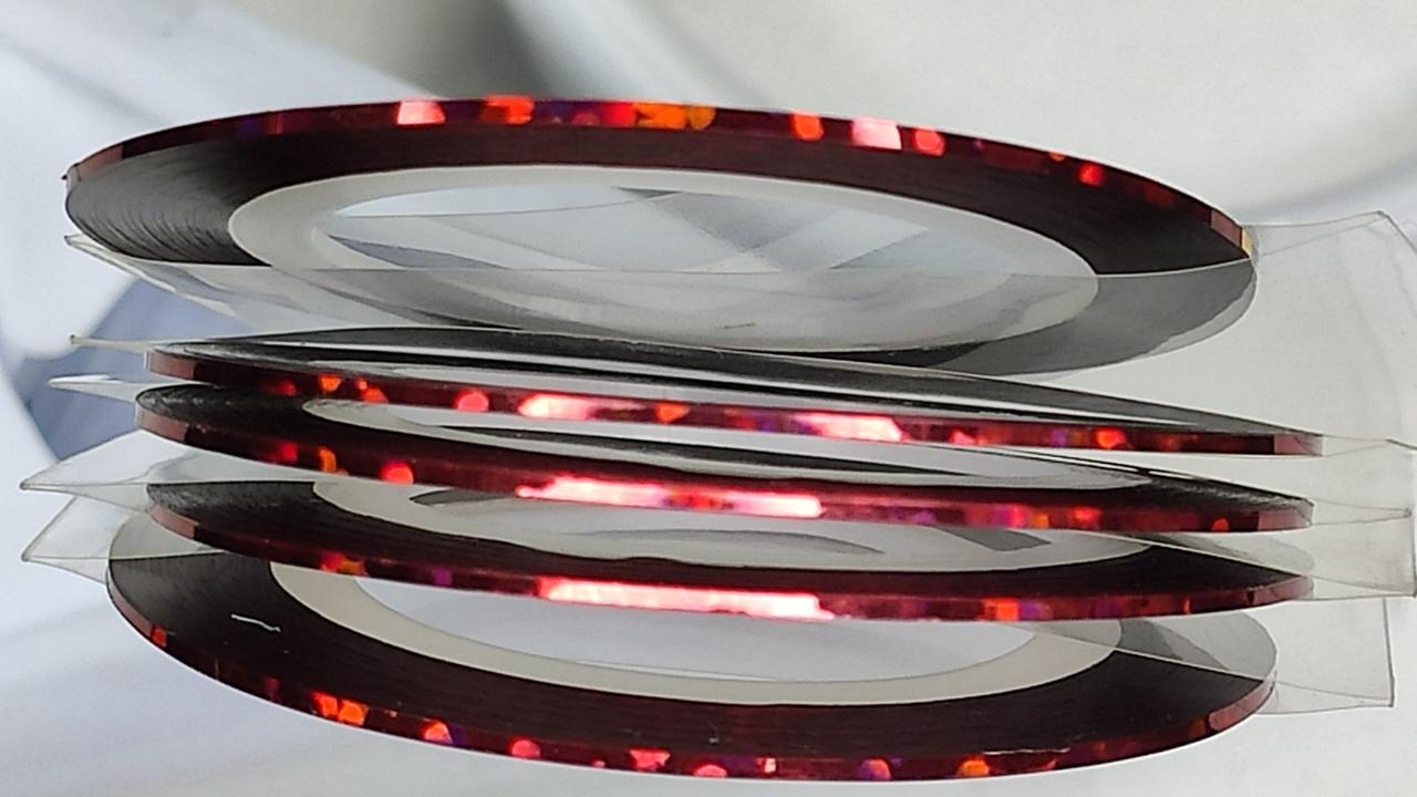 Кольорова декоративна стрічка (нитка) для дизайну нігтів 1 мм. Голографічний червоний