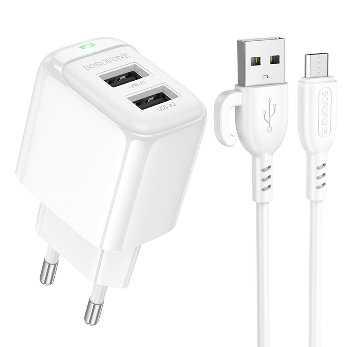 Мережевий зарядний пристрій BOROFONE BAS41A Potential dual-port charger set(Micro) White
