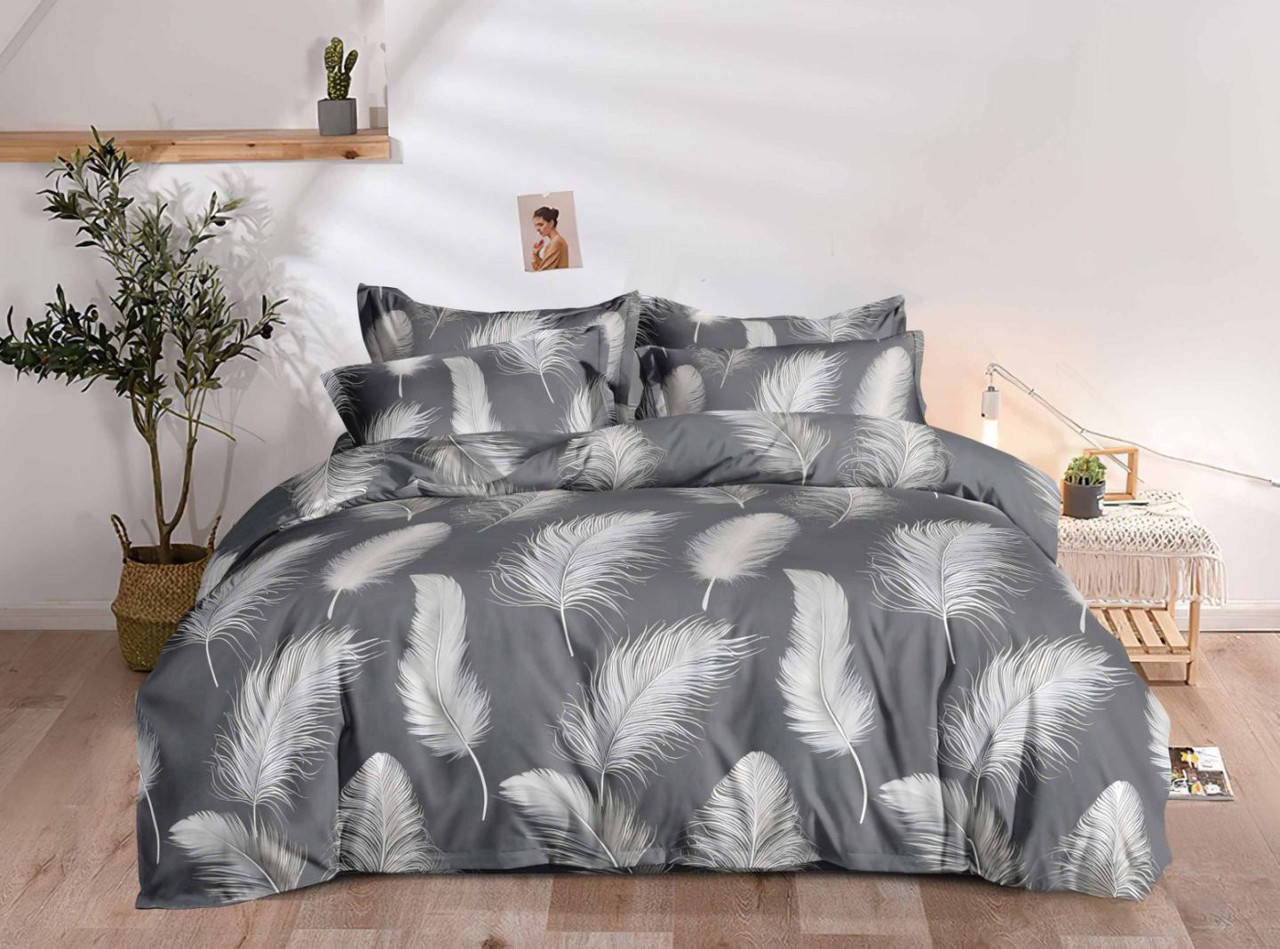 Постільна білизна Королева Ночі (Фланель) | Полуторний комплект | 50х70 | Пір'я на сірому, фото 1