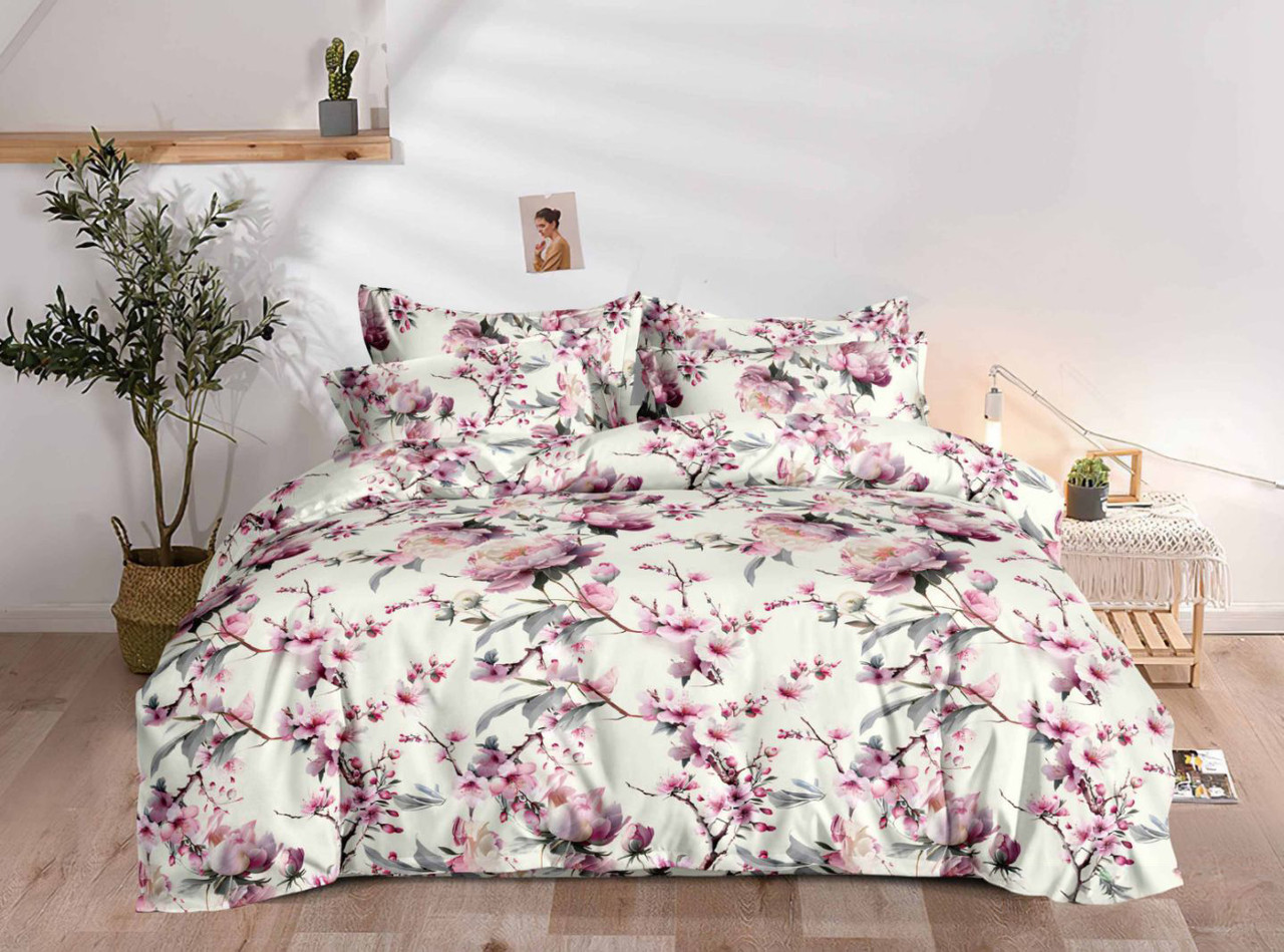 Постільна білизна Королева Ночі (Фланель) | Полуторний комплект | 50х70 | Рожеві квіти на світлому, фото 1