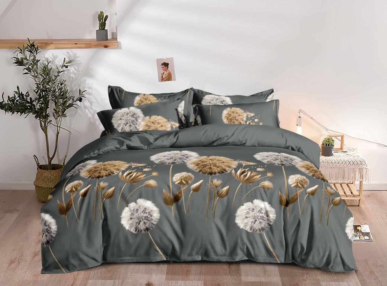 Постільна білизна Королева Ночі (Фланель) | Полуторний комплект | 50х70 | Кульбаби на темно-сірому, фото 1