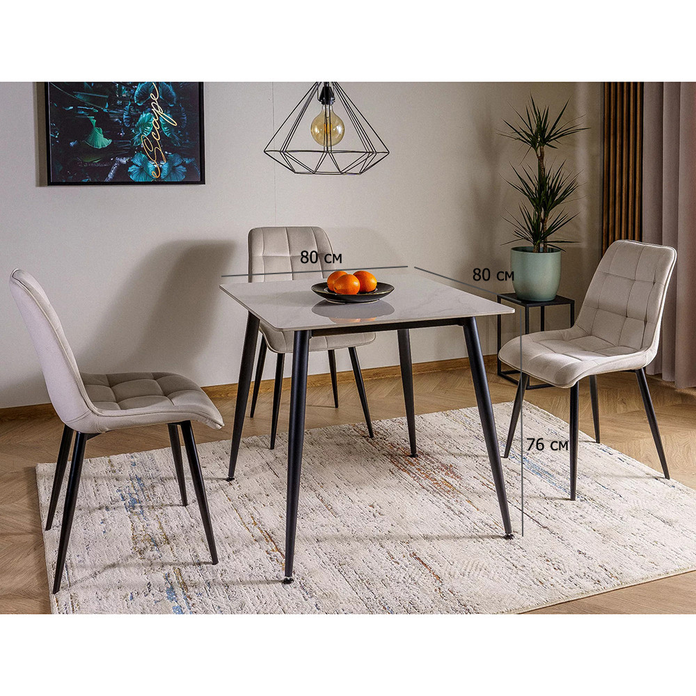 Комплект стіл та 3 стільці Rion 80 см під білий мармур з оксамитовими стільцями для маленької кухні., фото 1