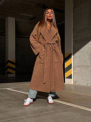 Жіноче пряме демісезонне пальто міді вільного крою екохутро баранчик Gb2771