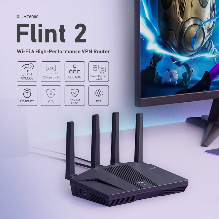 Домашній та офісний маршрутизатор GL.iNet Flint 2 (GL-MT6000), технологія Wi-Fi 6 з 8 потоками, OpenWrt, фото 1