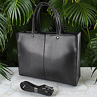 Велика жіноча сумка через чорне плече з екошкіри містка сумка з довгим плечовим ременем вміщує А4