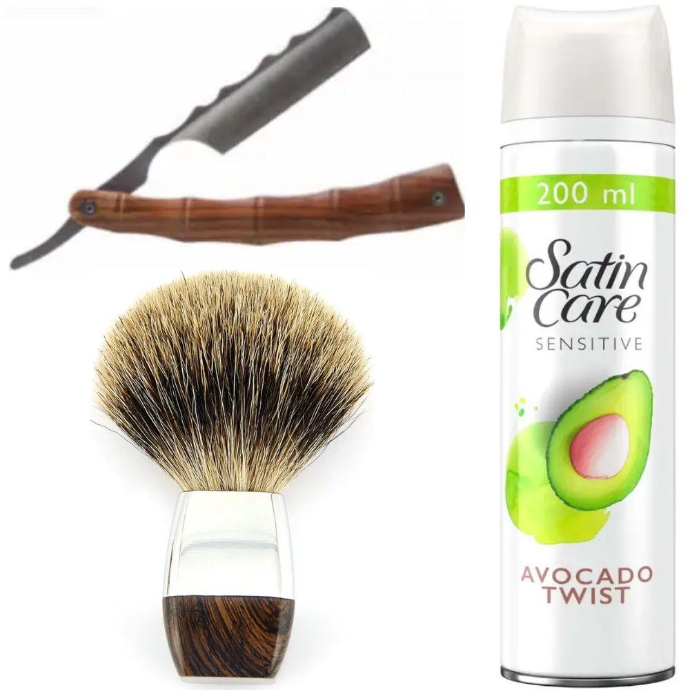 Небезпечна бритва/шавета розкладна Straight Razor + помазок борсук + гель для гоління Gillette Satin Care Gel Avocado 200 мл, фото 1