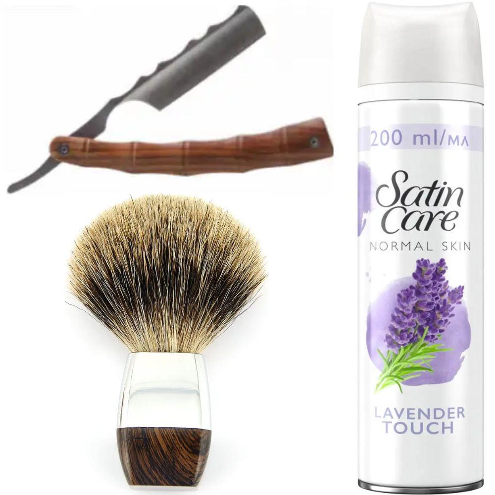 Небезпечна бритва/шавета розкладна Straight Razor + помазок борсук + гель для гоління Gillette Satin Care Gel Lavender 200 мл, фото 1