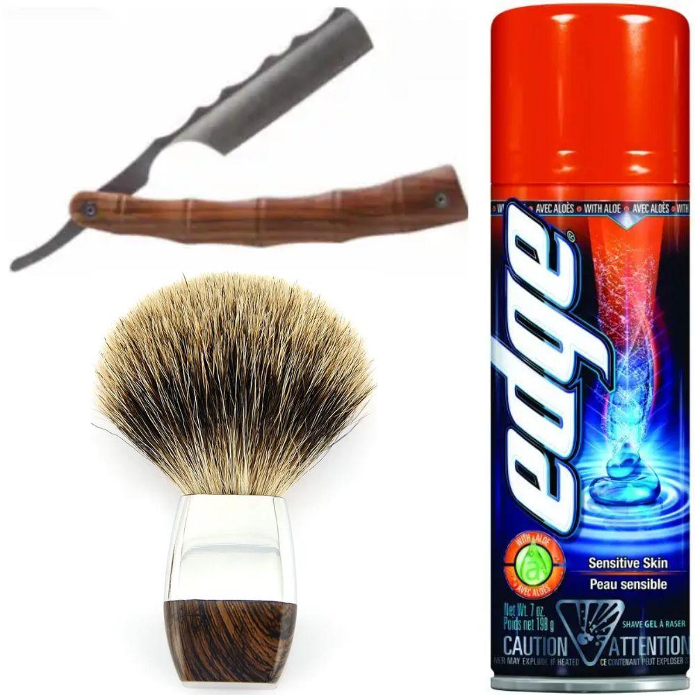 Небезпечна бритва/шавета розкладна Straight Razor + помазок борсук + гель для гоління Wilkinson Sword EDGE Sensitive, фото 1